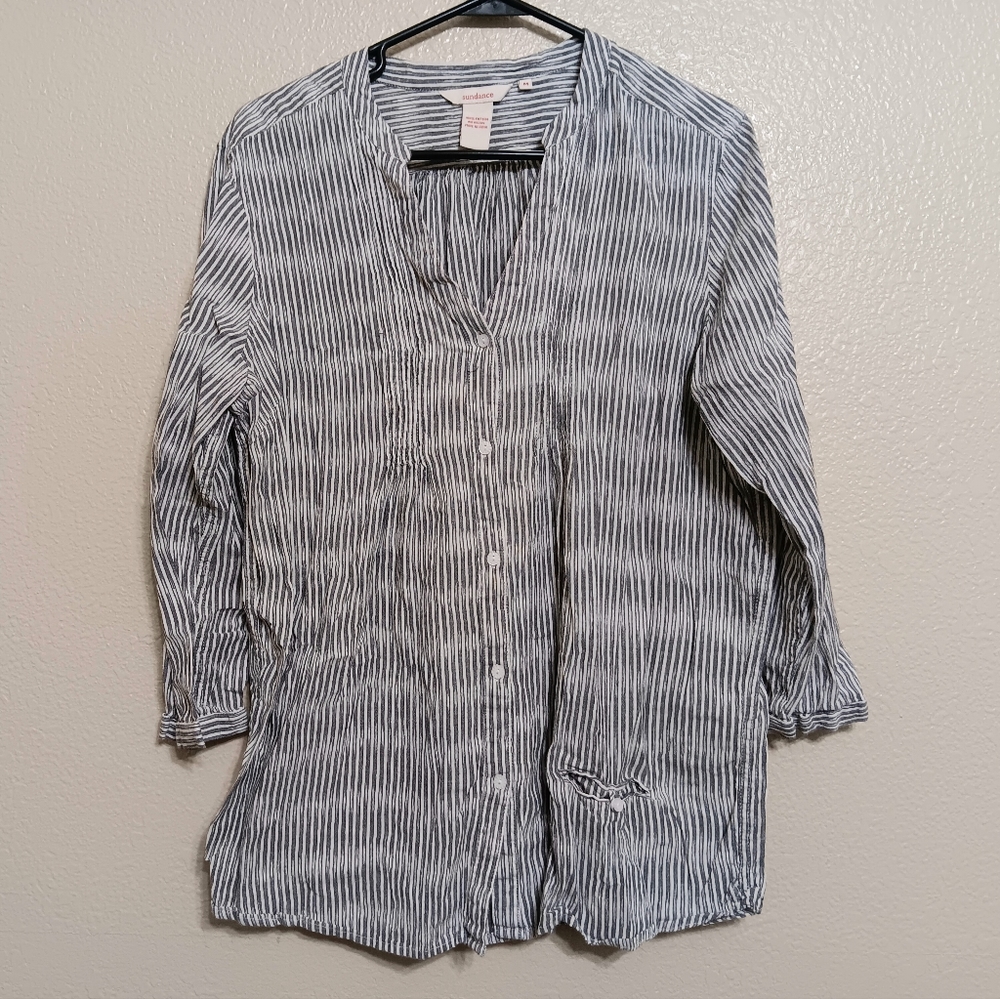 Sundance Gray Stripe Button Front Cotton Shirt Top - image 1